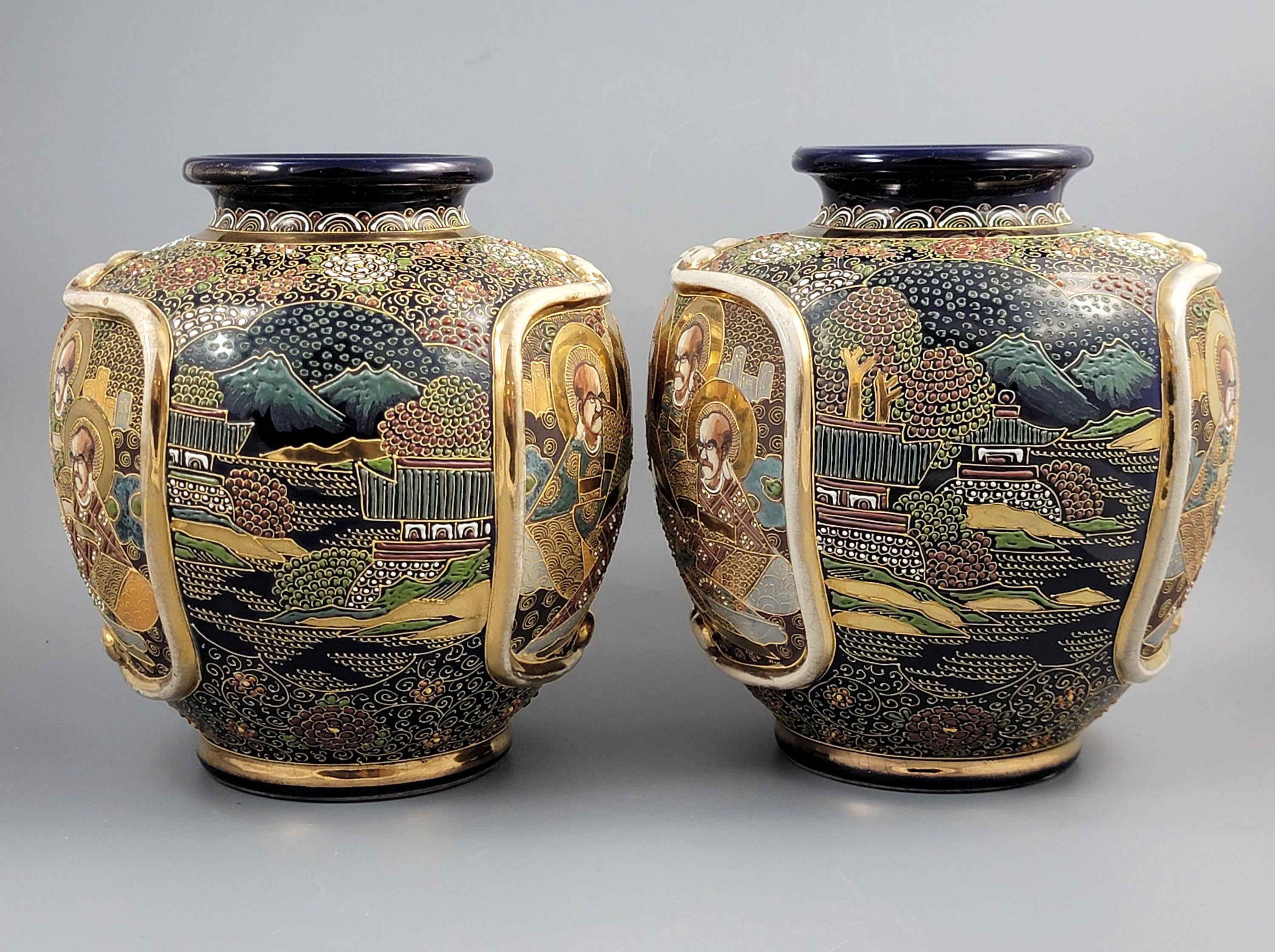 Fine Pair Meiji Kyoto Satsuma Vases, Heavy Gilt Moriage