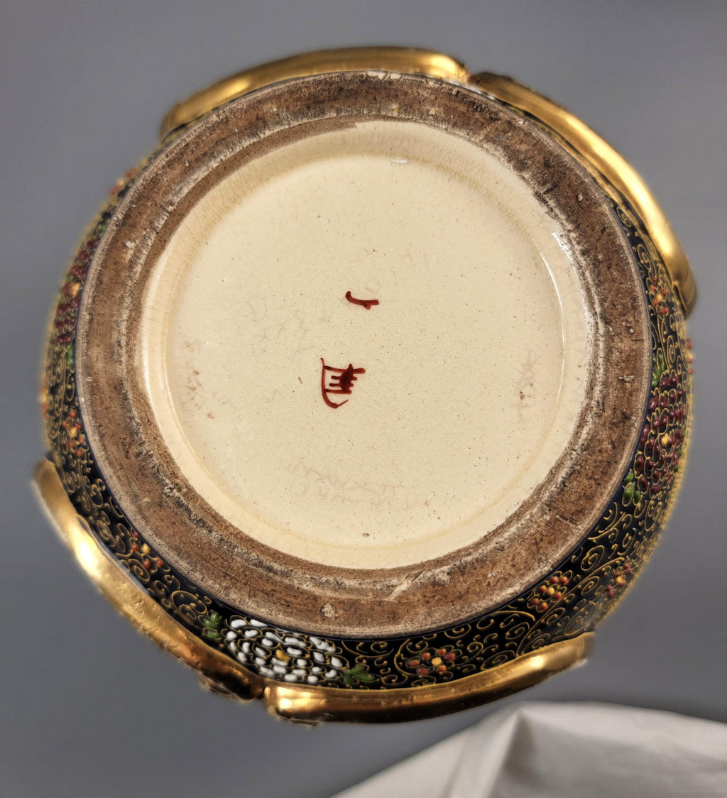 Fine Pair Meiji Kyoto Satsuma Vases, Heavy Gilt Moriage