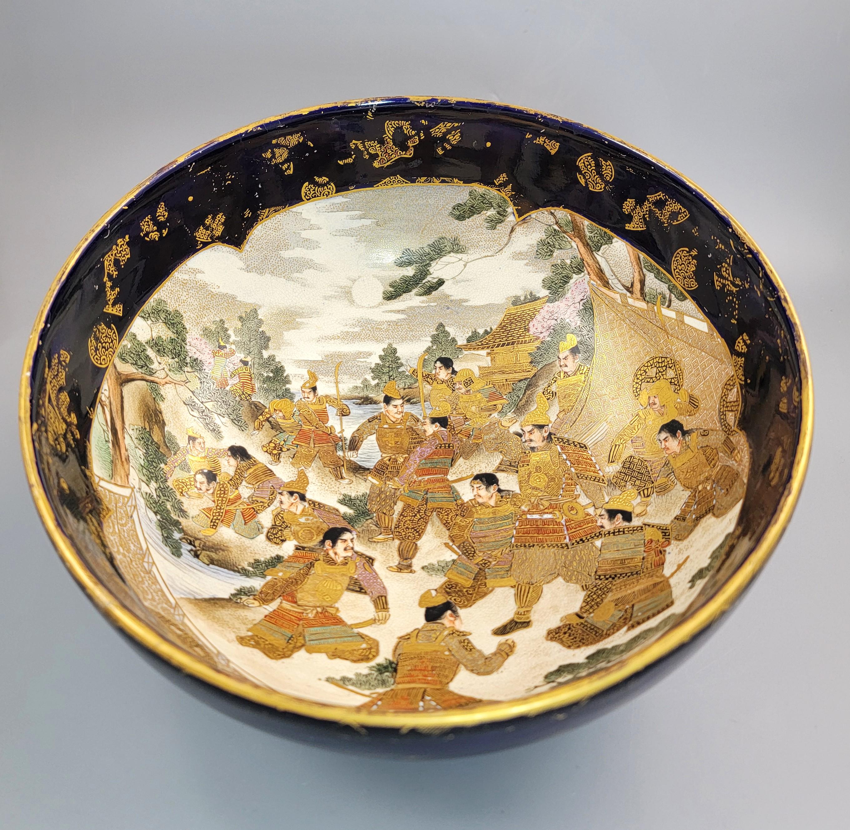Kinkozan Kyoto Satsuma Bowl — Samurai Night Battle, Shimazu Crest, c.1900