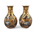 Antique Japanese Meiji Satsuma vase pair with gilt arhats, Kyoto studio, c.1890–1910