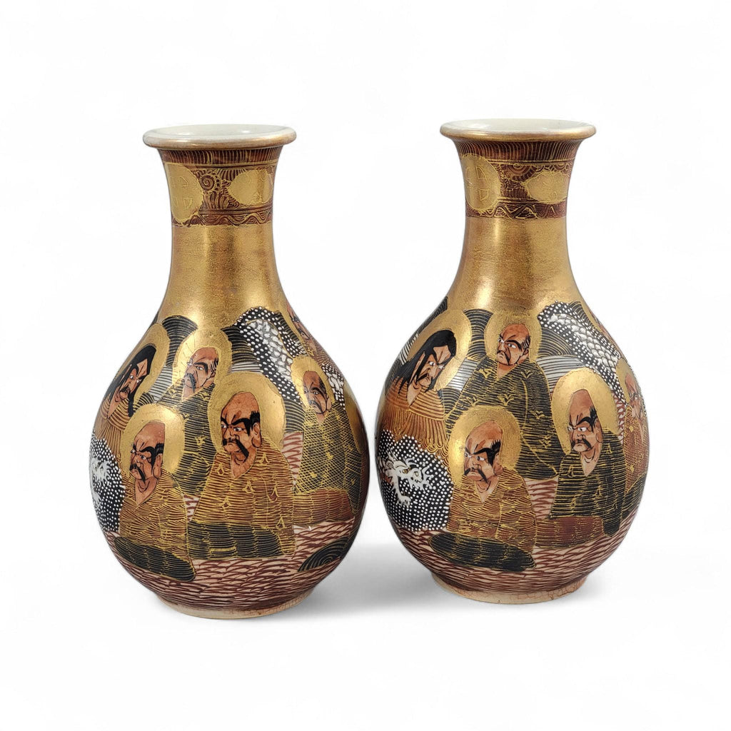 Antique Japanese Meiji Satsuma vase pair with gilt arhats, Kyoto studio, c.1890–1910