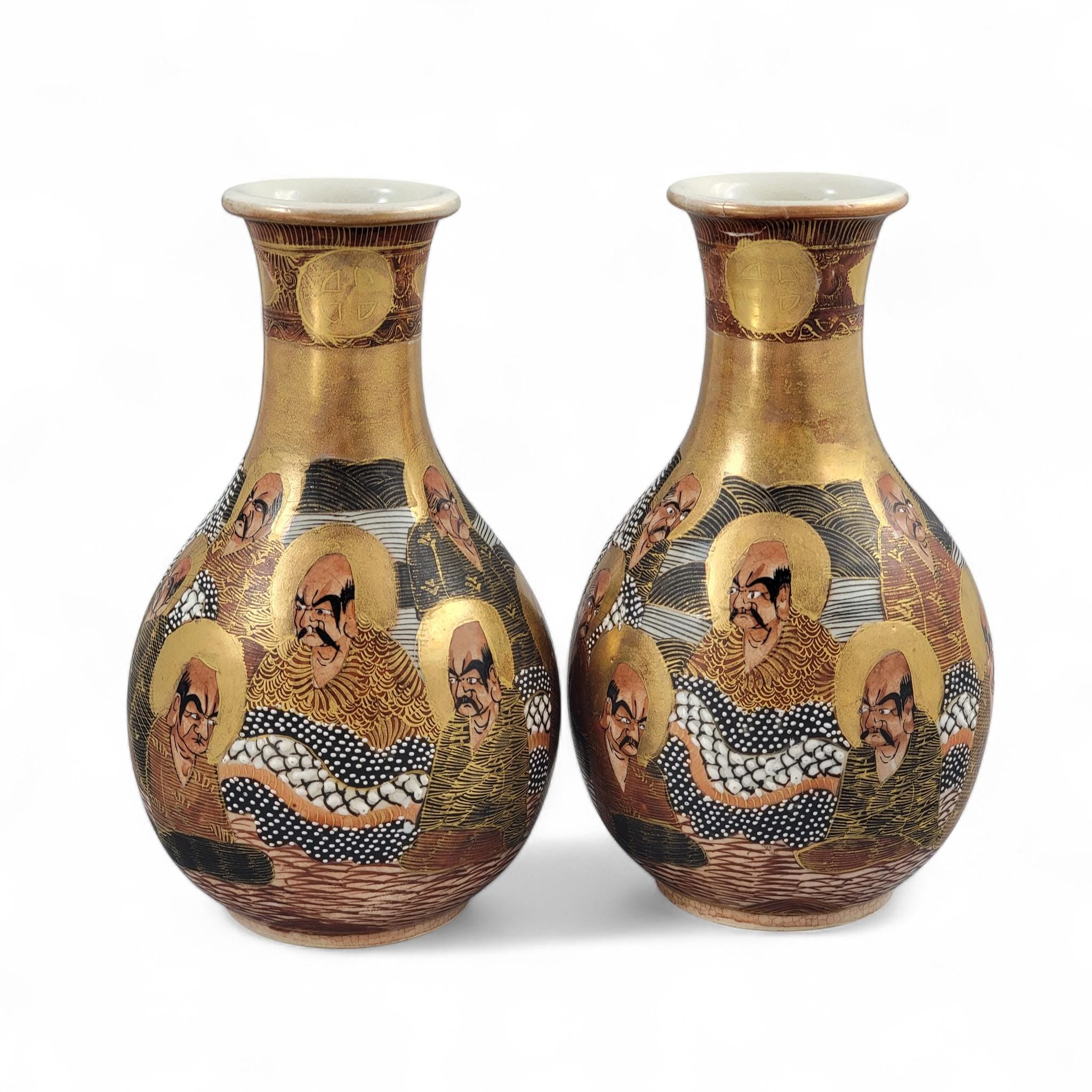 Antique Japanese Meiji Satsuma vase pair with gilt arhats, Kyoto studio, c.1890–1910