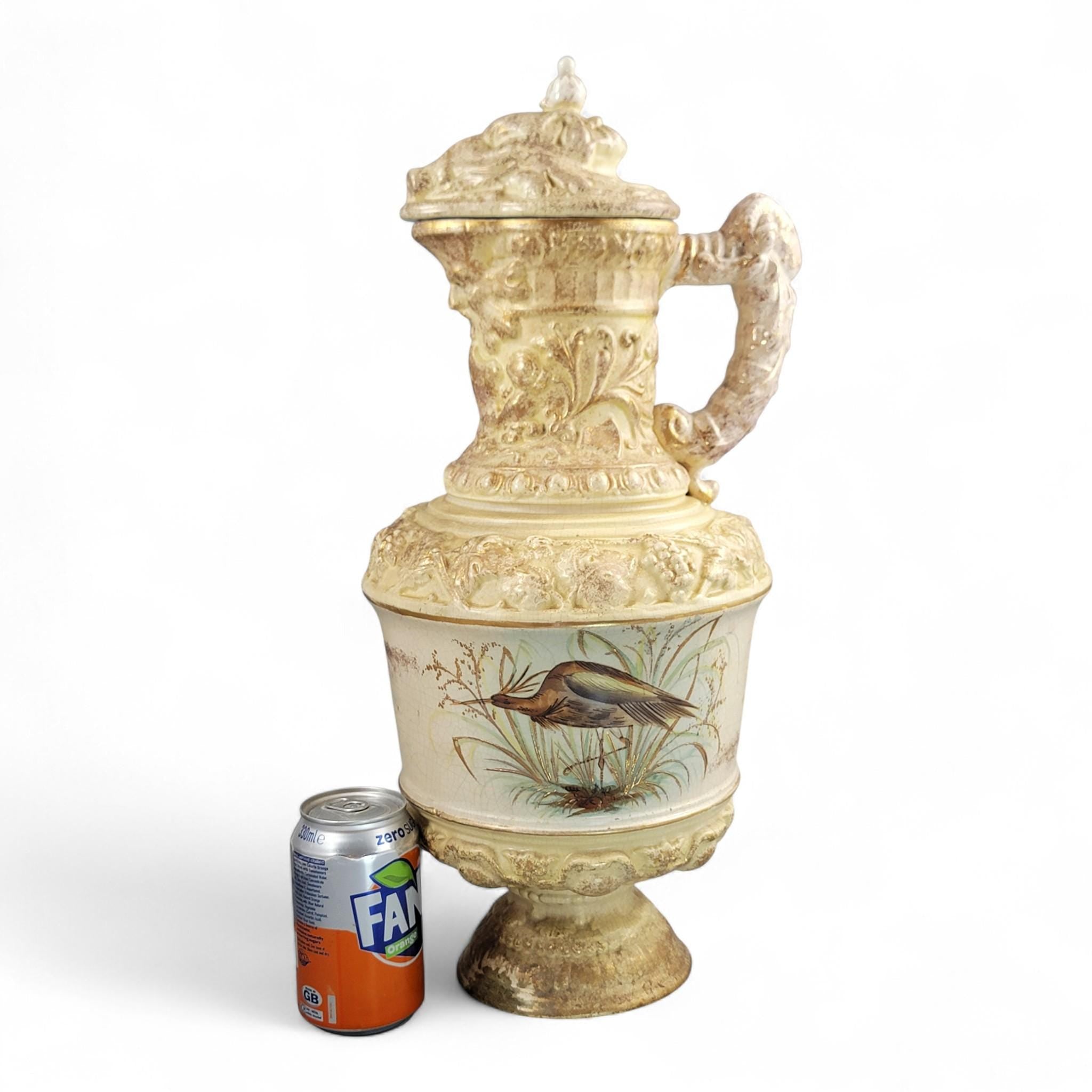 Monumental French barbotine wine ewer Choisy-le-Roi or Sarreguemines c.1875–95