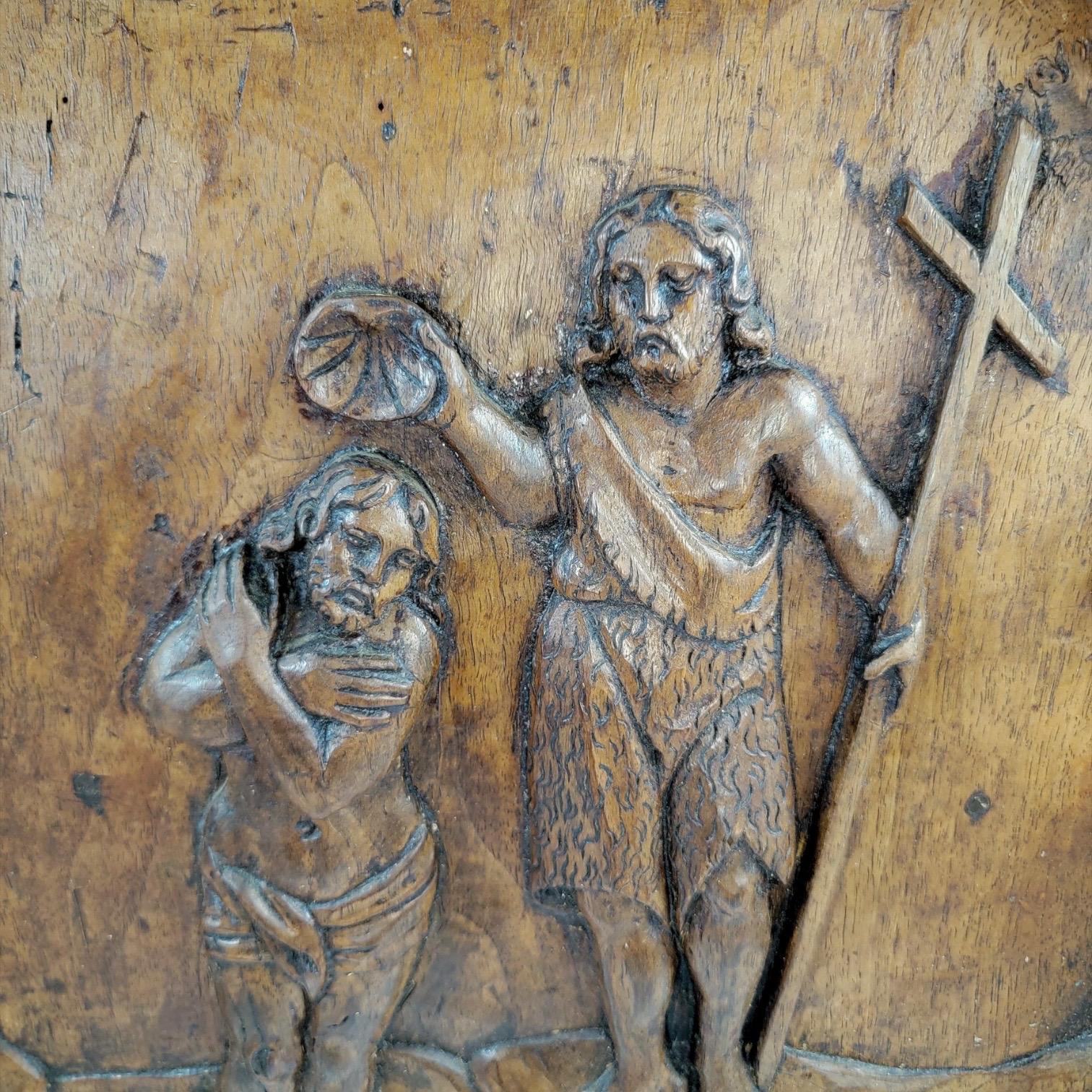 Antique French hand-carved walnut panel of the Baptism of Christ, 17th century Louis XIII religious art, church altarpiece fragment