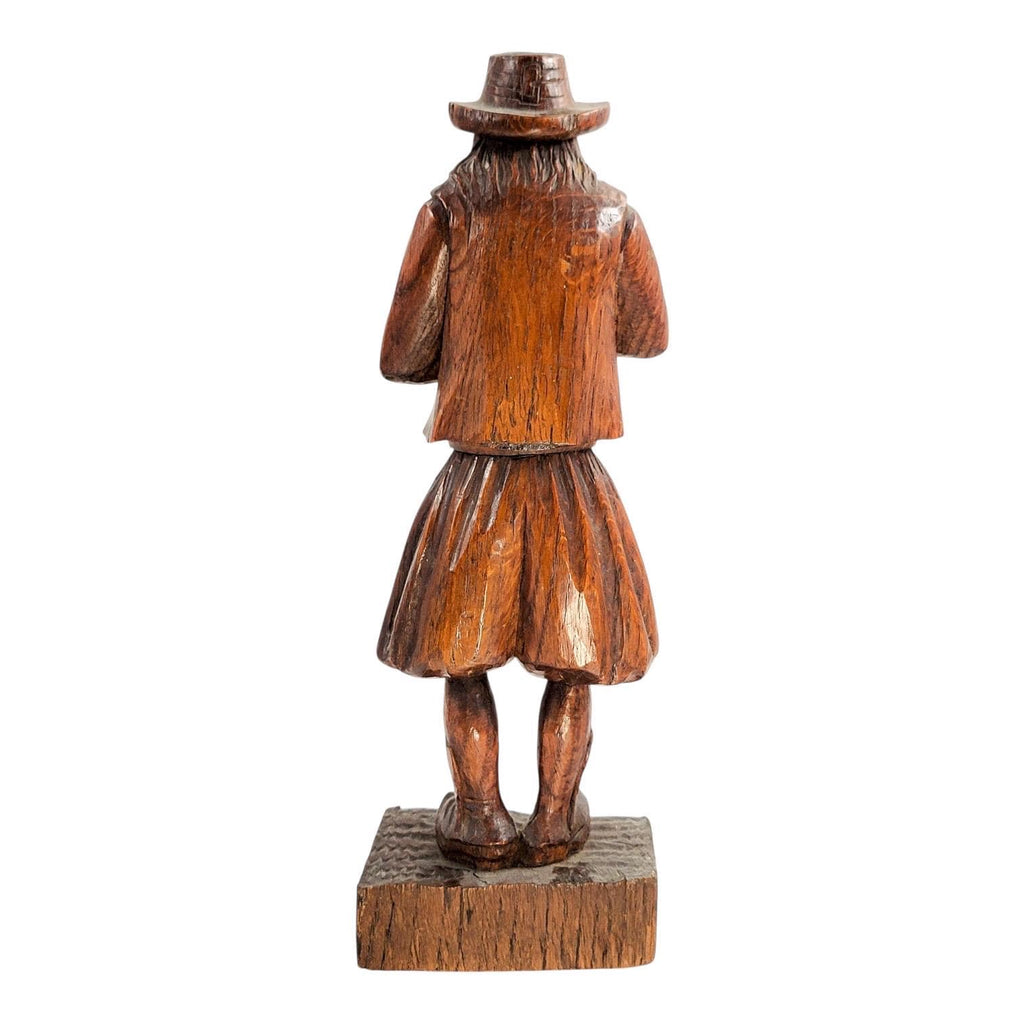 Antique Black Forest oak Pied Piper statue, 19th century German hand-carved folklore figure, detailed wood sculpture home decor