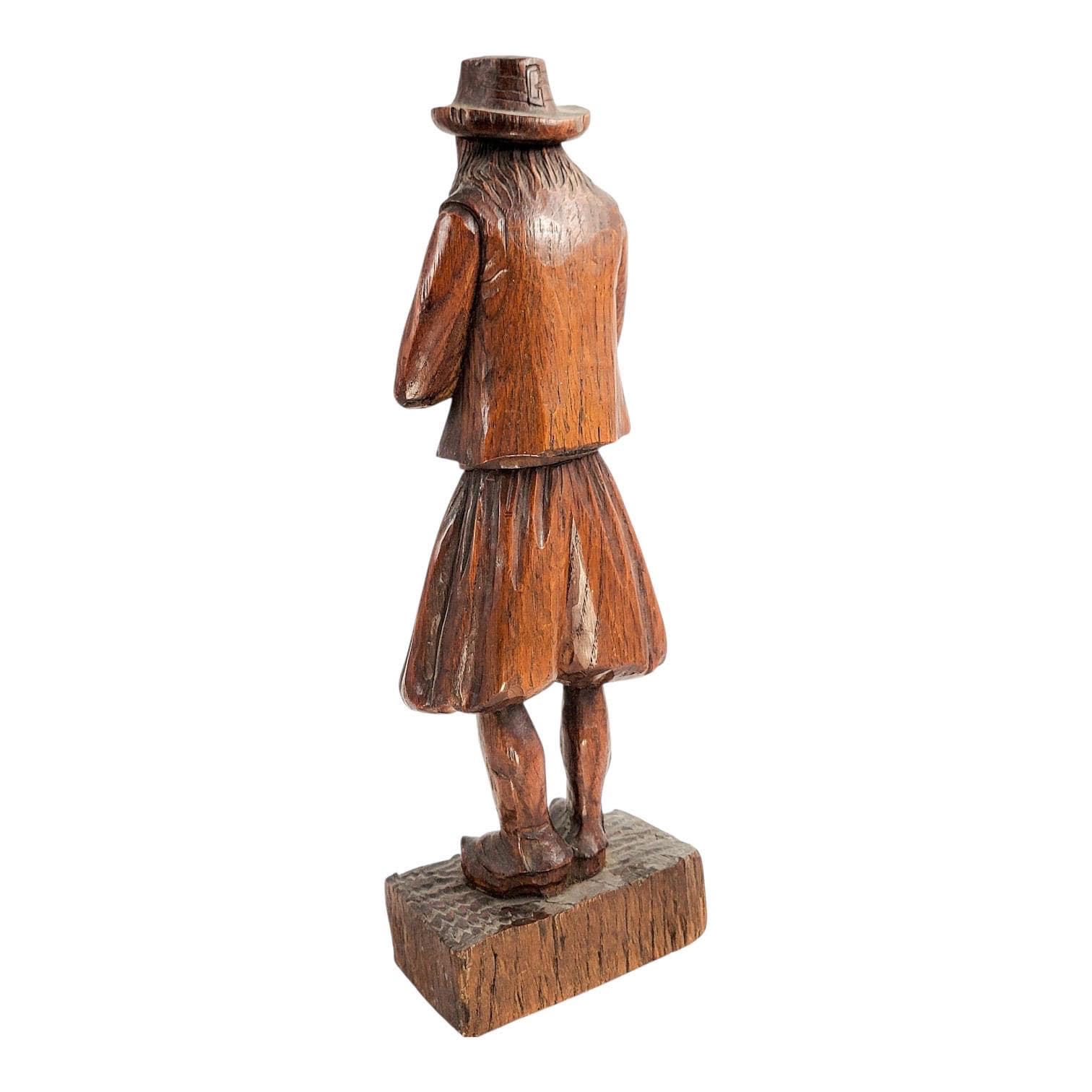 Antique Black Forest oak Pied Piper statue, 19th century German hand-carved folklore figure, detailed wood sculpture home decor