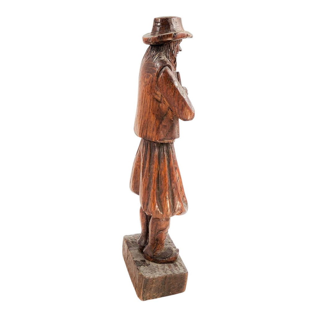 Antique Black Forest oak Pied Piper statue, 19th century German hand-carved folklore figure, detailed wood sculpture home decor