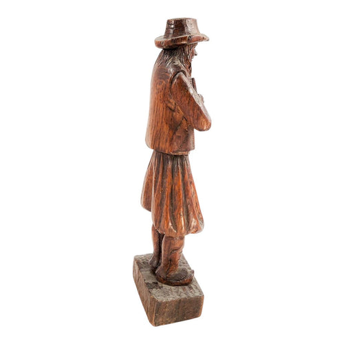 Antique Black Forest oak Pied Piper statue, 19th century German hand-carved folklore figure, detailed wood sculpture home decor