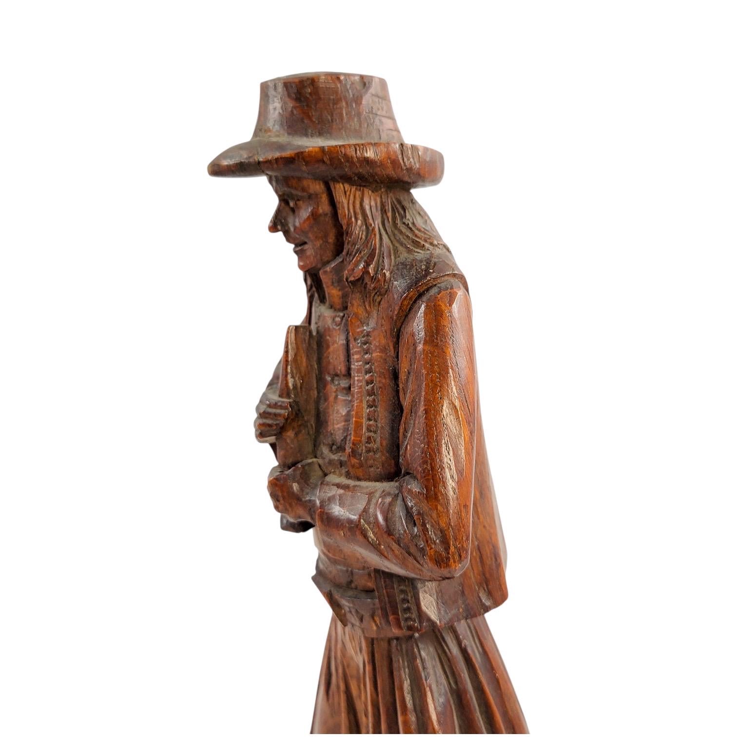 Antique Black Forest oak Pied Piper statue, 19th century German hand-carved folklore figure, detailed wood sculpture home decor