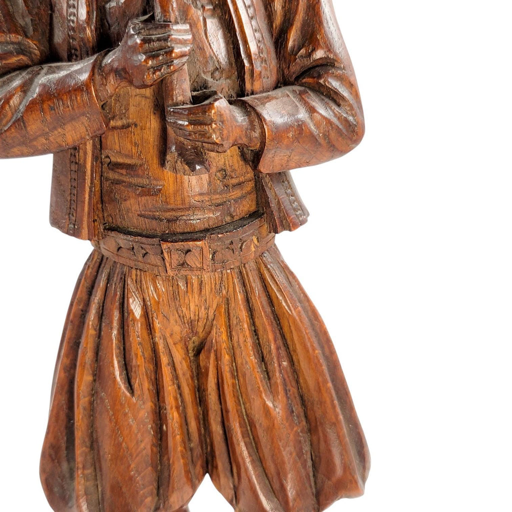Antique Black Forest oak Pied Piper statue, 19th century German hand-carved folklore figure, detailed wood sculpture home decor