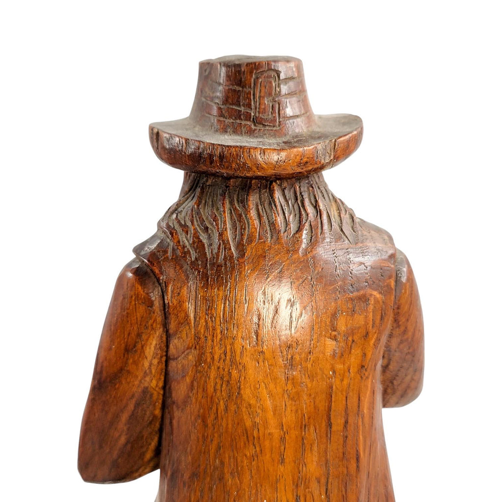 Antique Black Forest oak Pied Piper statue, 19th century German hand-carved folklore figure, detailed wood sculpture home decor