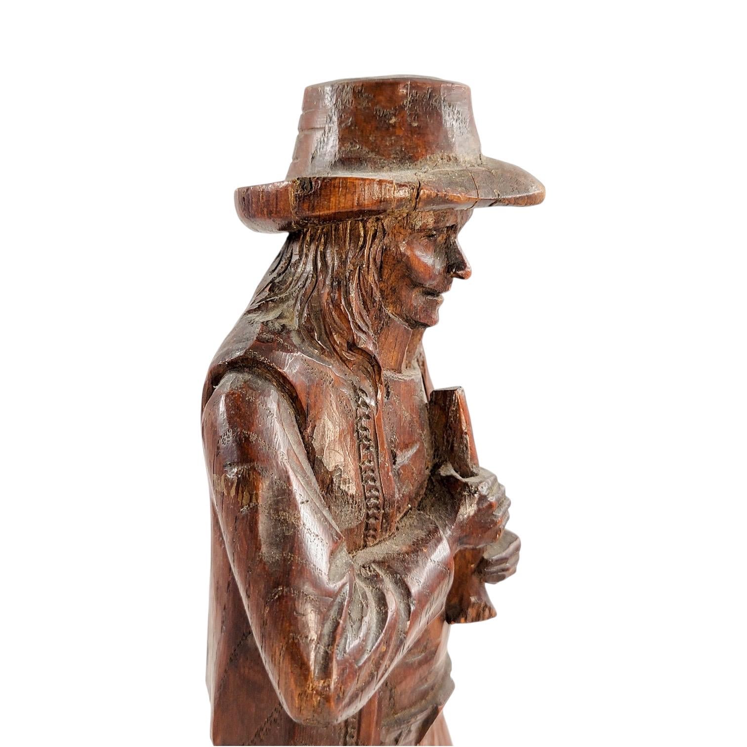 Antique Black Forest oak Pied Piper statue, 19th century German hand-carved folklore figure, detailed wood sculpture home decor