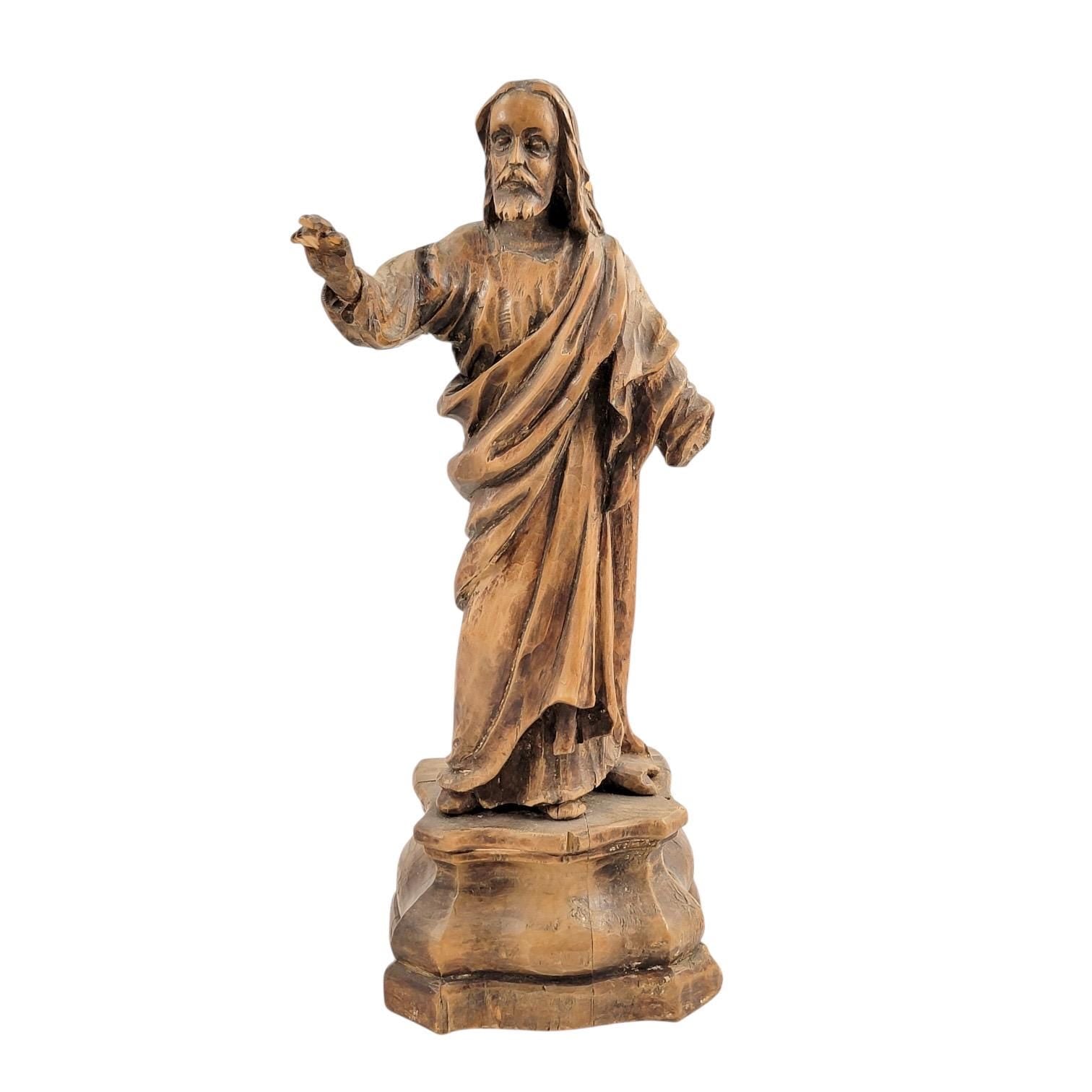 Antique Baroque wooden Christ sculpture fragment, c.1700 German/Austrian hand-carved sacred art, gesso traces religious decor