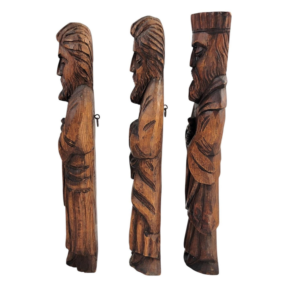 Arts & Crafts carved wood saints set by Franz Keller, early 20th century signed German religious figures, complete collectible group