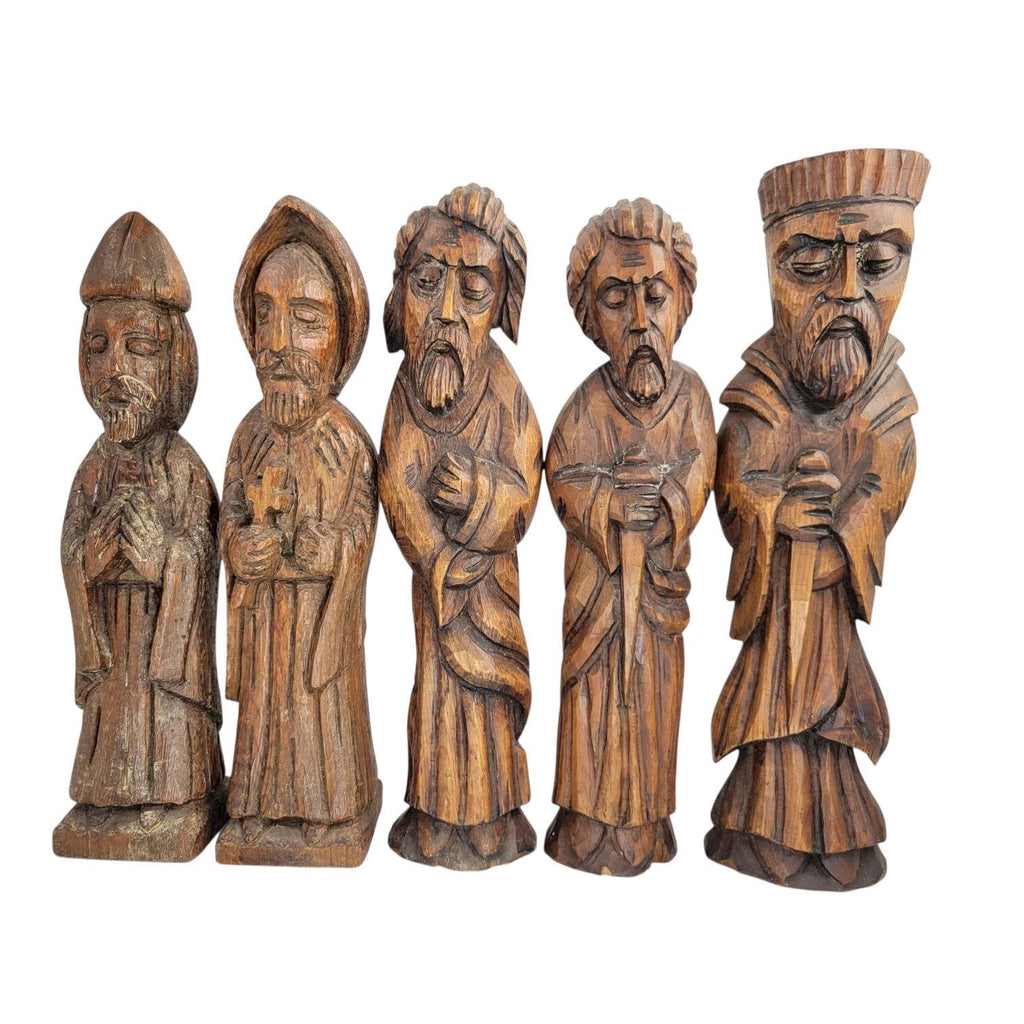 Arts & Crafts carved wood saints set by Franz Keller, early 20th century signed German religious figures, complete collectible group