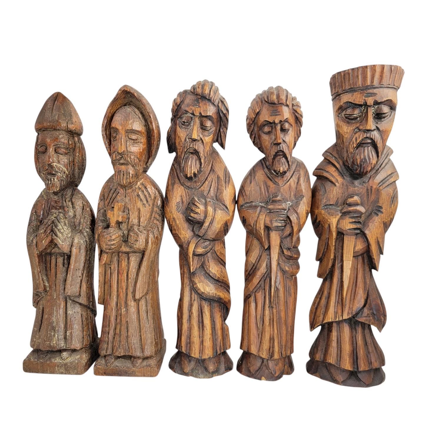 Arts & Crafts carved wood saints set by Franz Keller, early 20th century signed German religious figures, complete collectible group