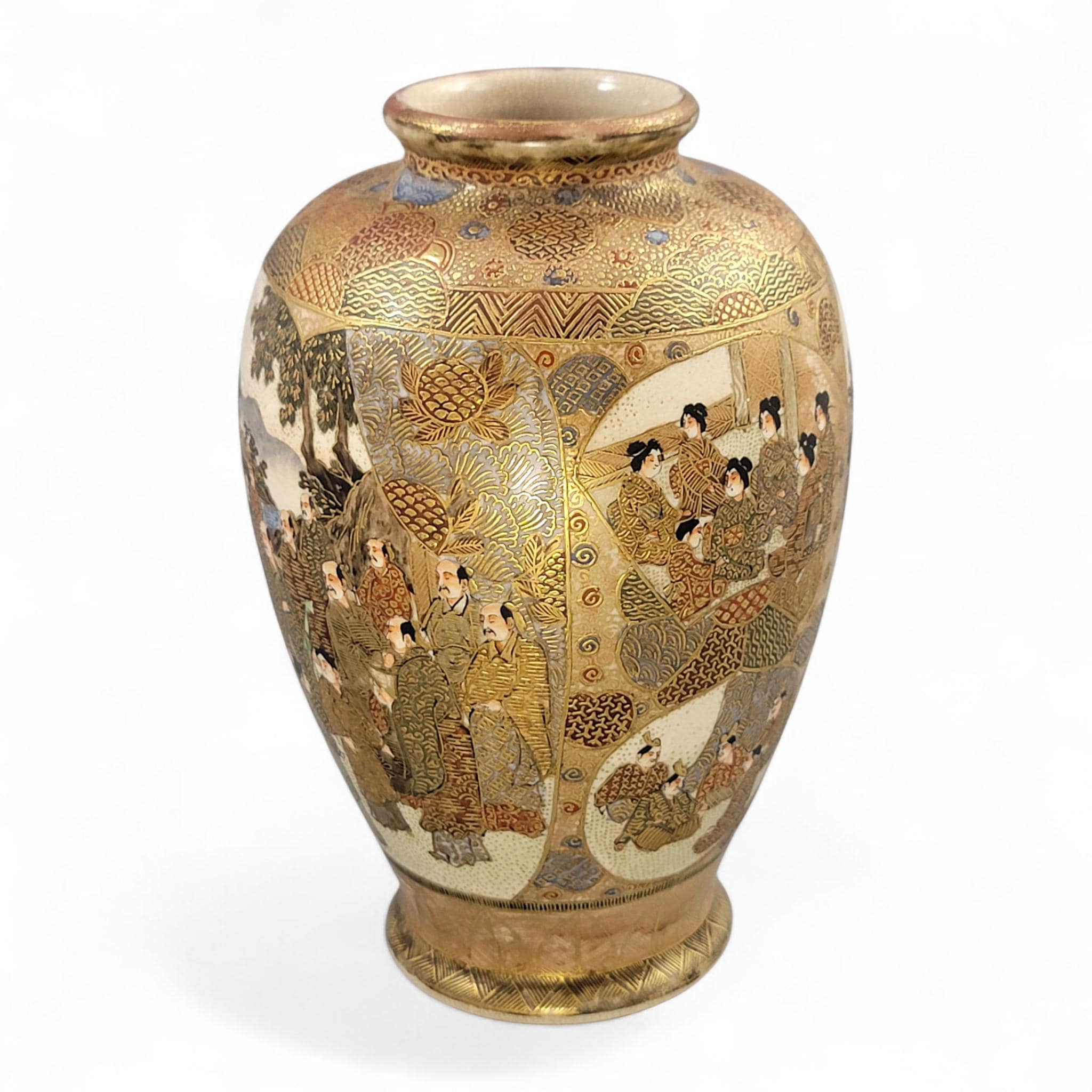 Antique Satsuma vase Meiji period by Gyokuzan, hand painted court figures, raised gilt moriage, Kyoto Japanese decorative pottery