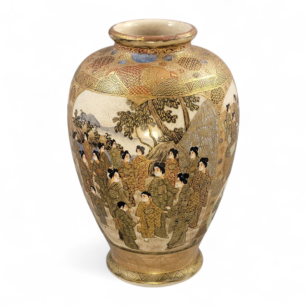 Antique Satsuma vase Meiji period by Gyokuzan, hand painted court figures, raised gilt moriage, Kyoto Japanese decorative pottery