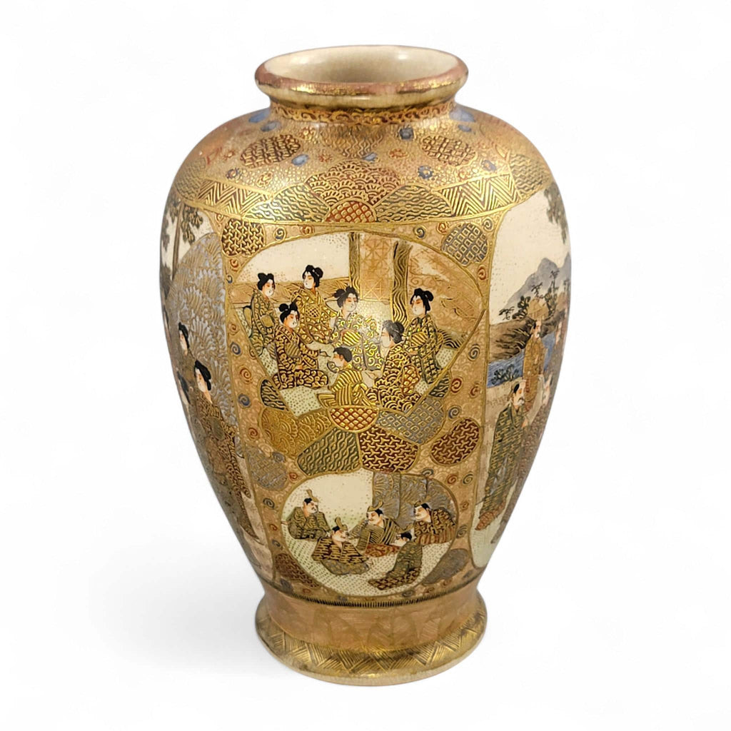 Antique Satsuma vase Meiji period by Gyokuzan, hand painted court figures, raised gilt moriage, Kyoto Japanese decorative pottery