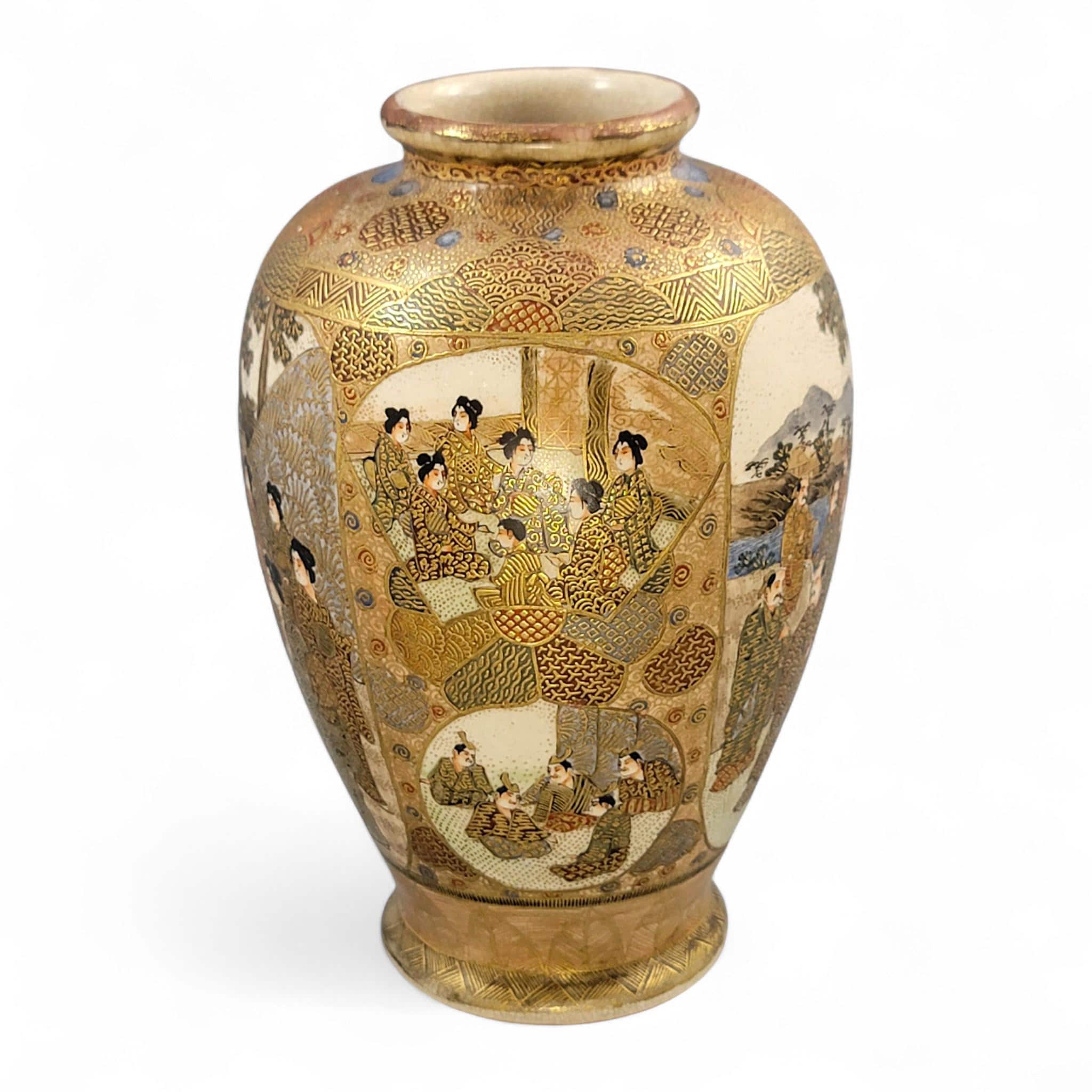 Antique Satsuma vase Meiji period by Gyokuzan, hand painted court figures, raised gilt moriage, Kyoto Japanese decorative pottery