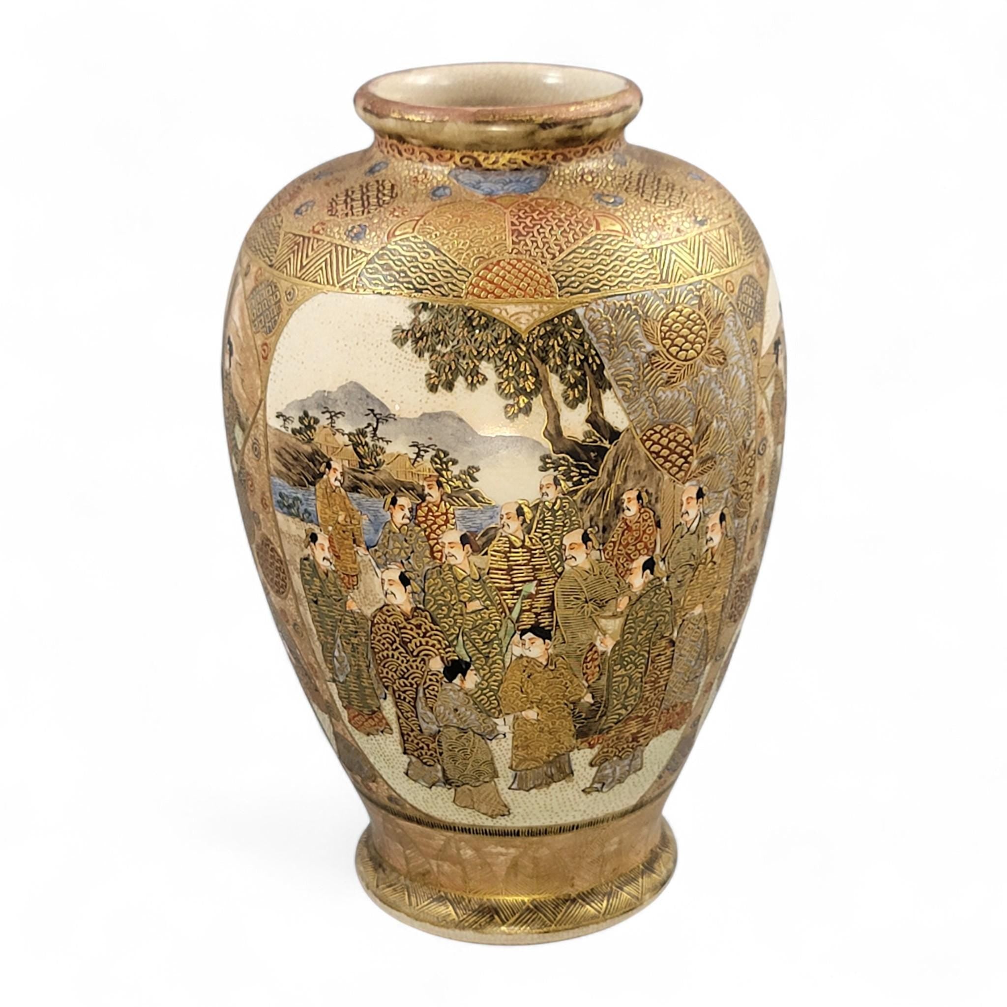 Antique Satsuma vase Meiji period by Gyokuzan, hand painted court figures, raised gilt moriage, Kyoto Japanese decorative pottery