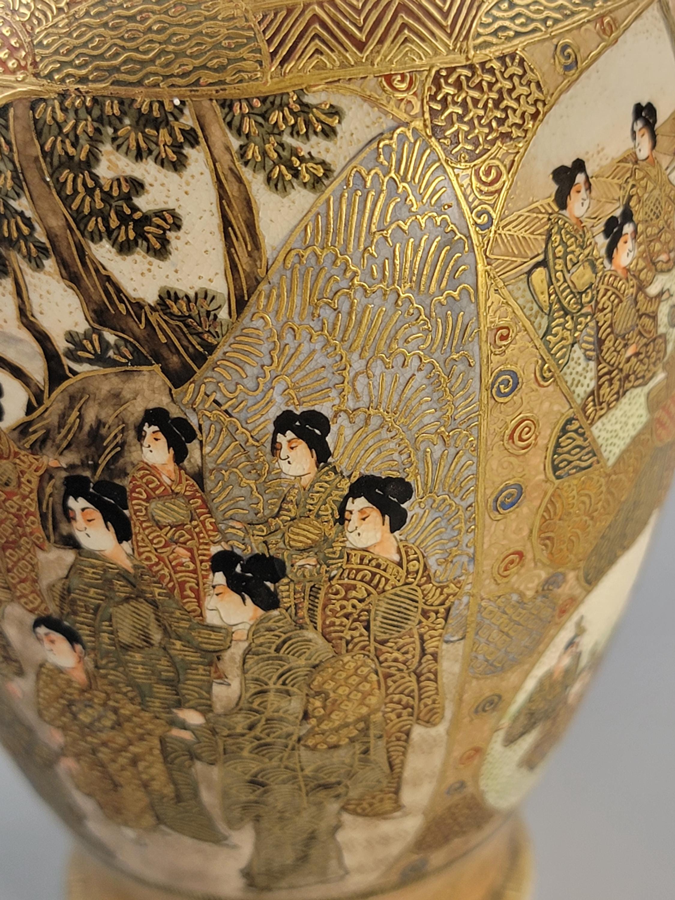 Antique Satsuma vase Meiji period by Gyokuzan, hand painted court figures, raised gilt moriage, Kyoto Japanese decorative pottery
