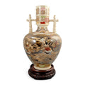Antique Kinkozan Satsuma samurai vase, rare bamboo handle form, Meiji Japan c. 1875–1885, hand painted moriage, 38 cm, sold with stand