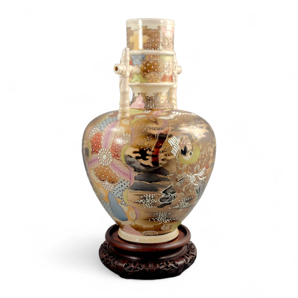 Antique Kinkozan Satsuma samurai vase, rare bamboo handle form, Meiji Japan c. 1875–1885, hand painted moriage, 38 cm, sold with stand