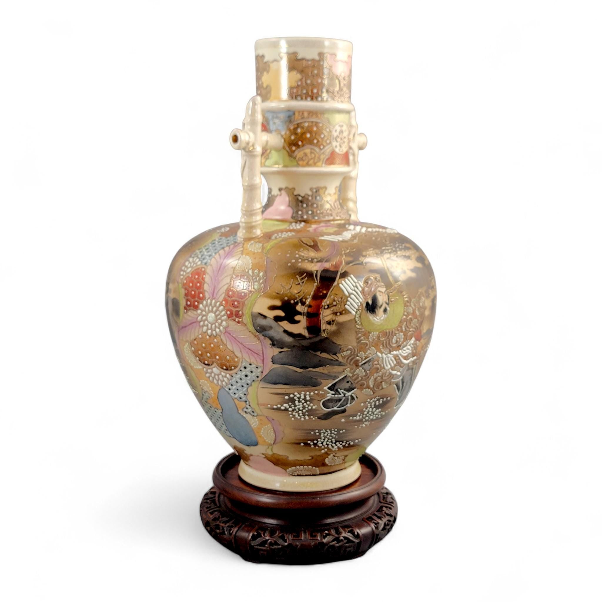 Antique Kinkozan Satsuma samurai vase, rare bamboo handle form, Meiji Japan c. 1875–1885, hand painted moriage, 38 cm, sold with stand