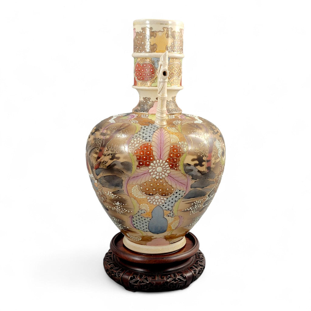 Antique Kinkozan Satsuma samurai vase, rare bamboo handle form, Meiji Japan c. 1875–1885, hand painted moriage, 38 cm, sold with stand