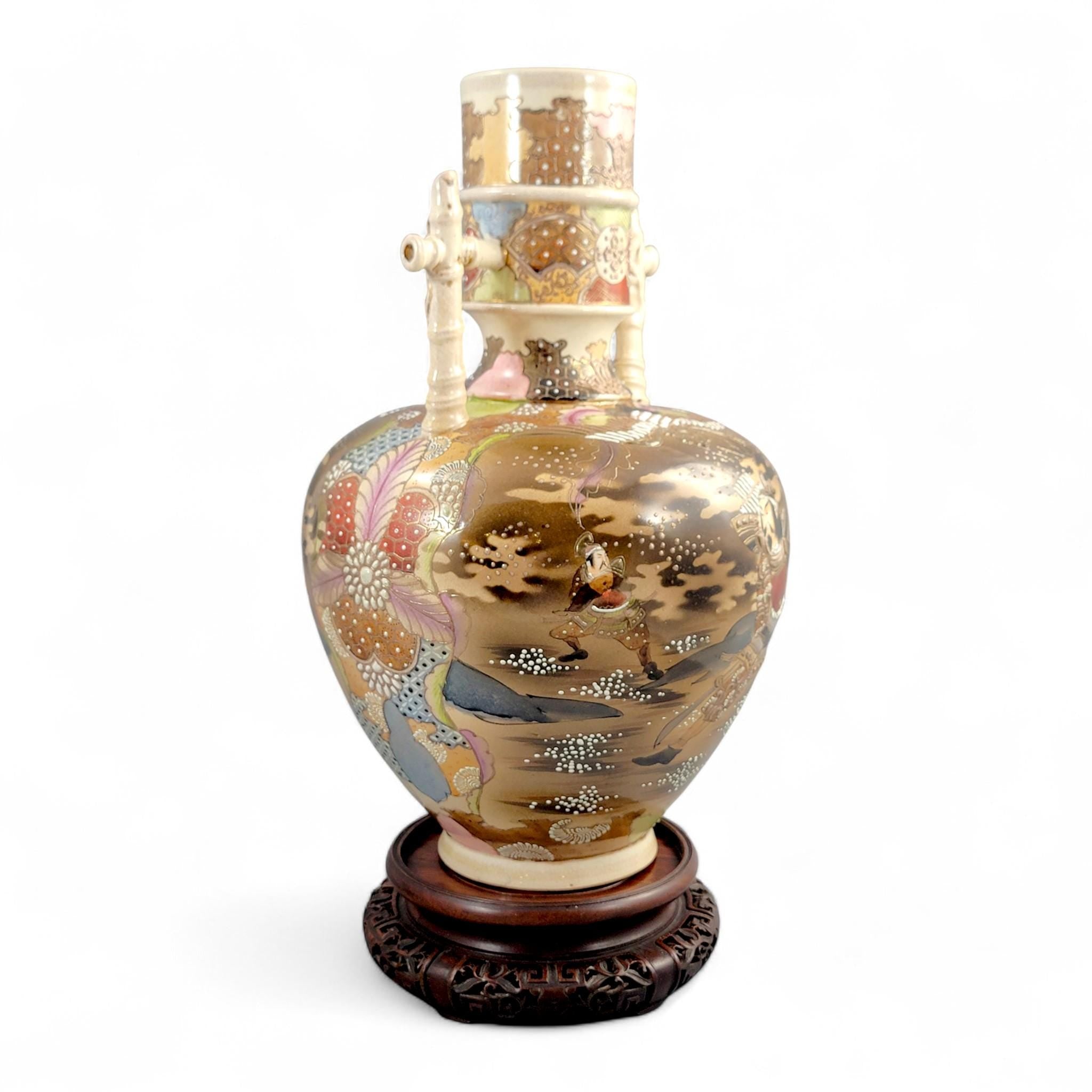 Antique Kinkozan Satsuma samurai vase, rare bamboo handle form, Meiji Japan c. 1875–1885, hand painted moriage, 38 cm, sold with stand