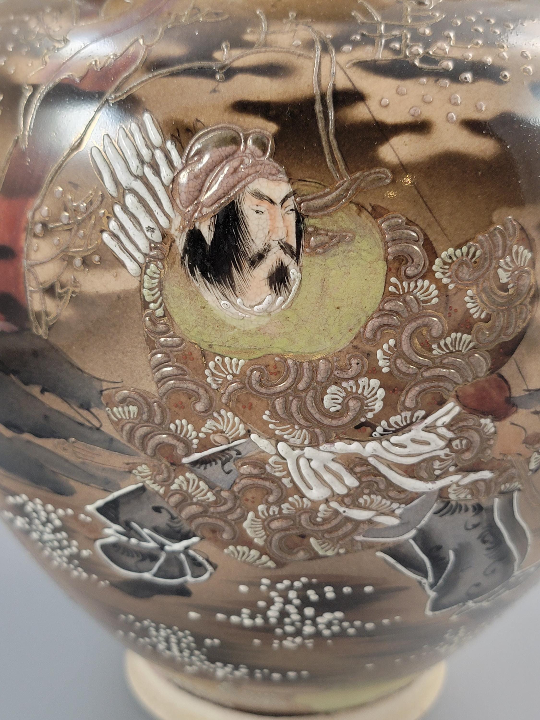 Antique Kinkozan Satsuma samurai vase, rare bamboo handle form, Meiji Japan c. 1875–1885, hand painted moriage, 38 cm, sold with stand