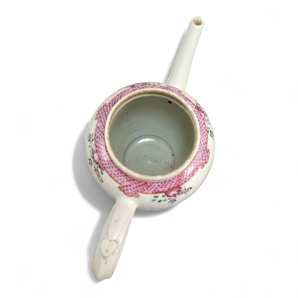 Antique Chinese export famille rose teapot, Qianlong period c.1740–60, floral rococo pink trellis, porcelain hand-painted tea ware