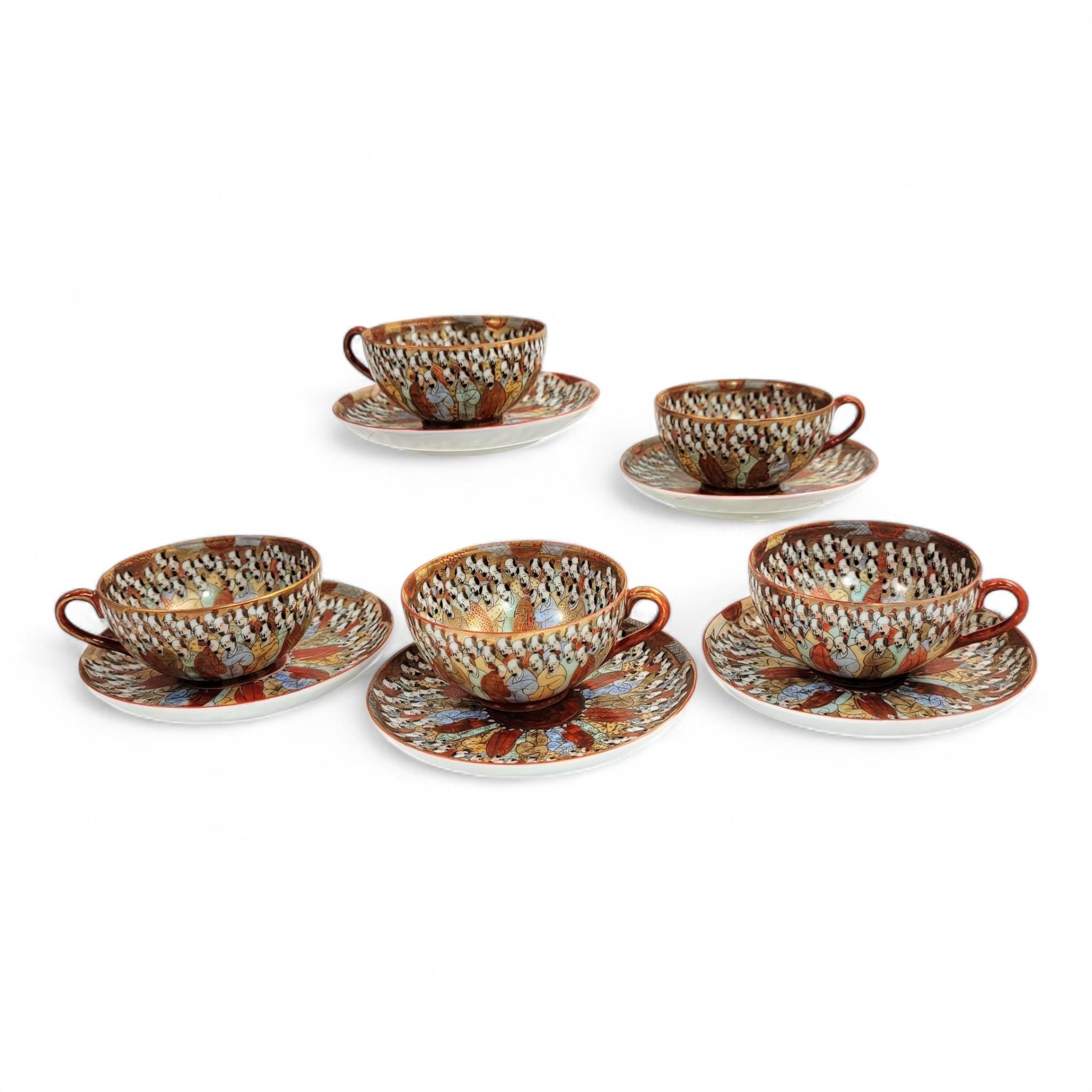 Chinese Export “Thousand Lohan” Tea Set of 5 Cups & Saucers, Late 19th Century