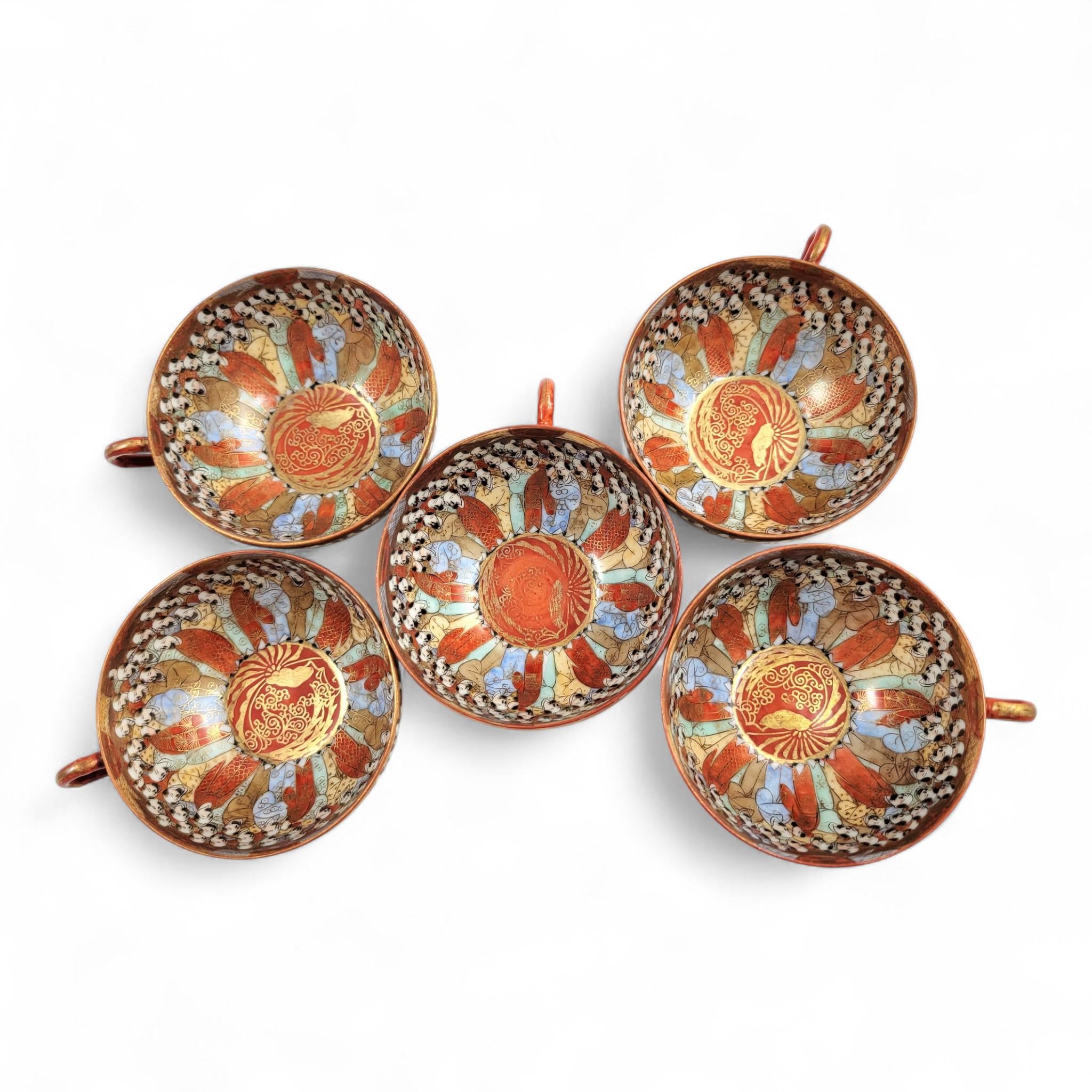 Chinese Export “Thousand Lohan” Tea Set of 5 Cups & Saucers, Late 19th Century