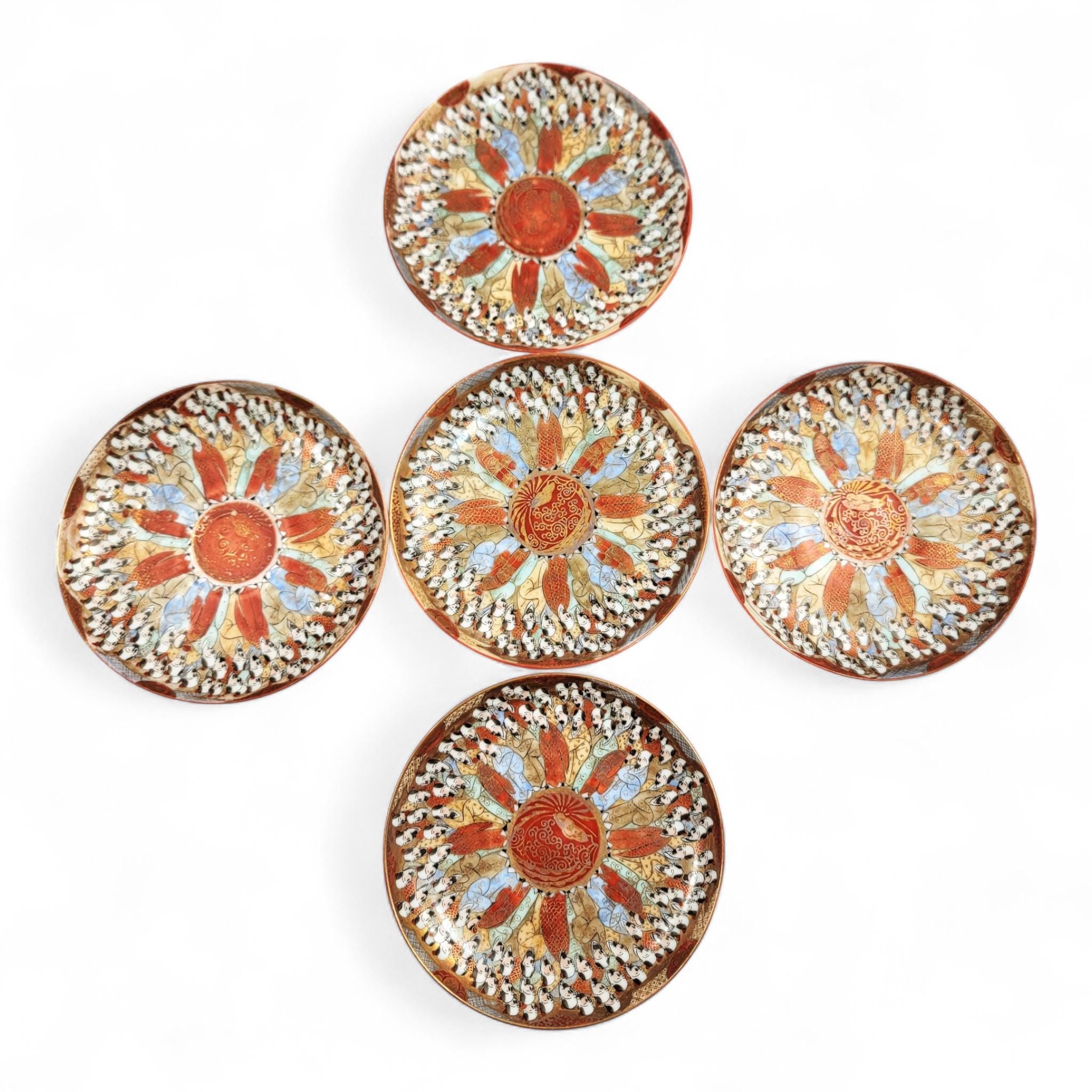 Chinese Export “Thousand Lohan” Tea Set of 5 Cups & Saucers, Late 19th Century