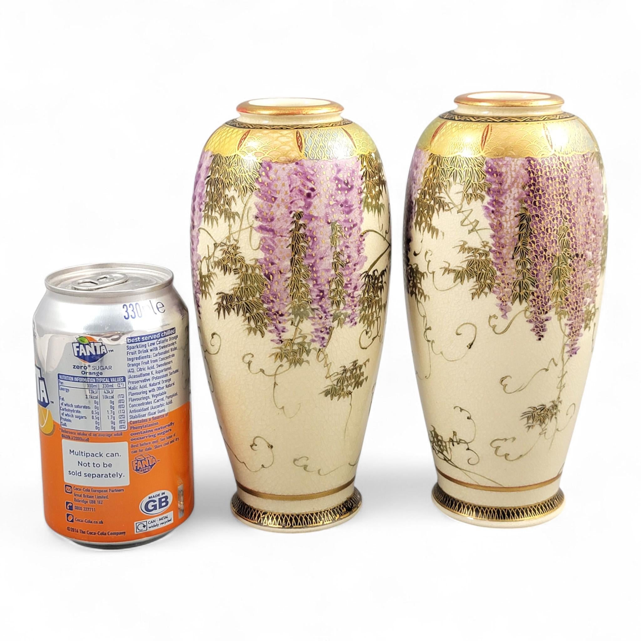 Antique Pair of Satsuma Wisteria Vases, Signed Tagawa, c. 1900–1920