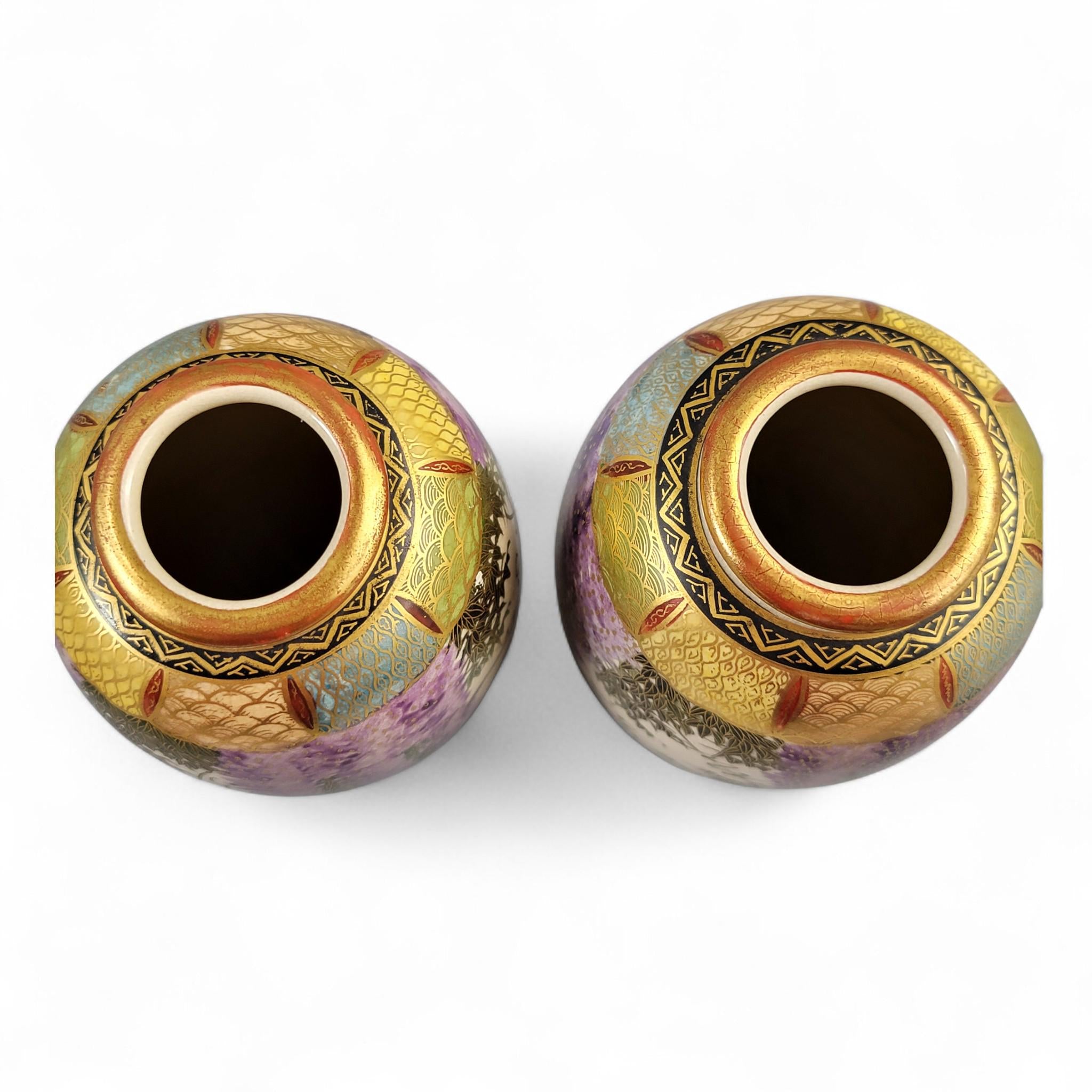 Antique Pair of Satsuma Wisteria Vases, Signed Tagawa, c. 1900–1920