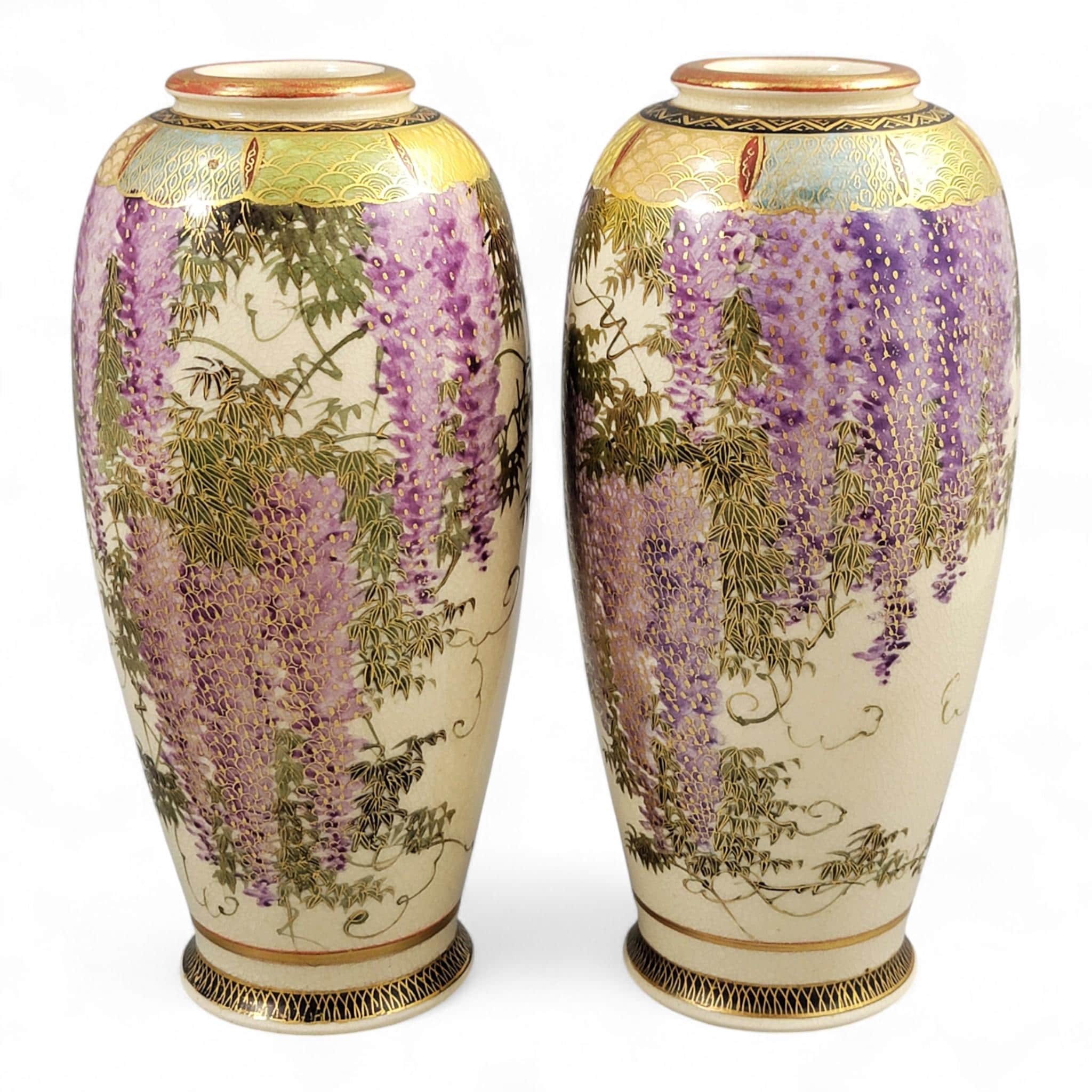 Antique Pair of Satsuma Wisteria Vases, Signed Tagawa, c. 1900–1920