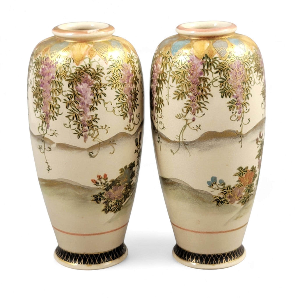 Pair of Kyoto Satsuma ‘Wisteria Garden’ Vases, Hakusan (白山), c. 1890–1915