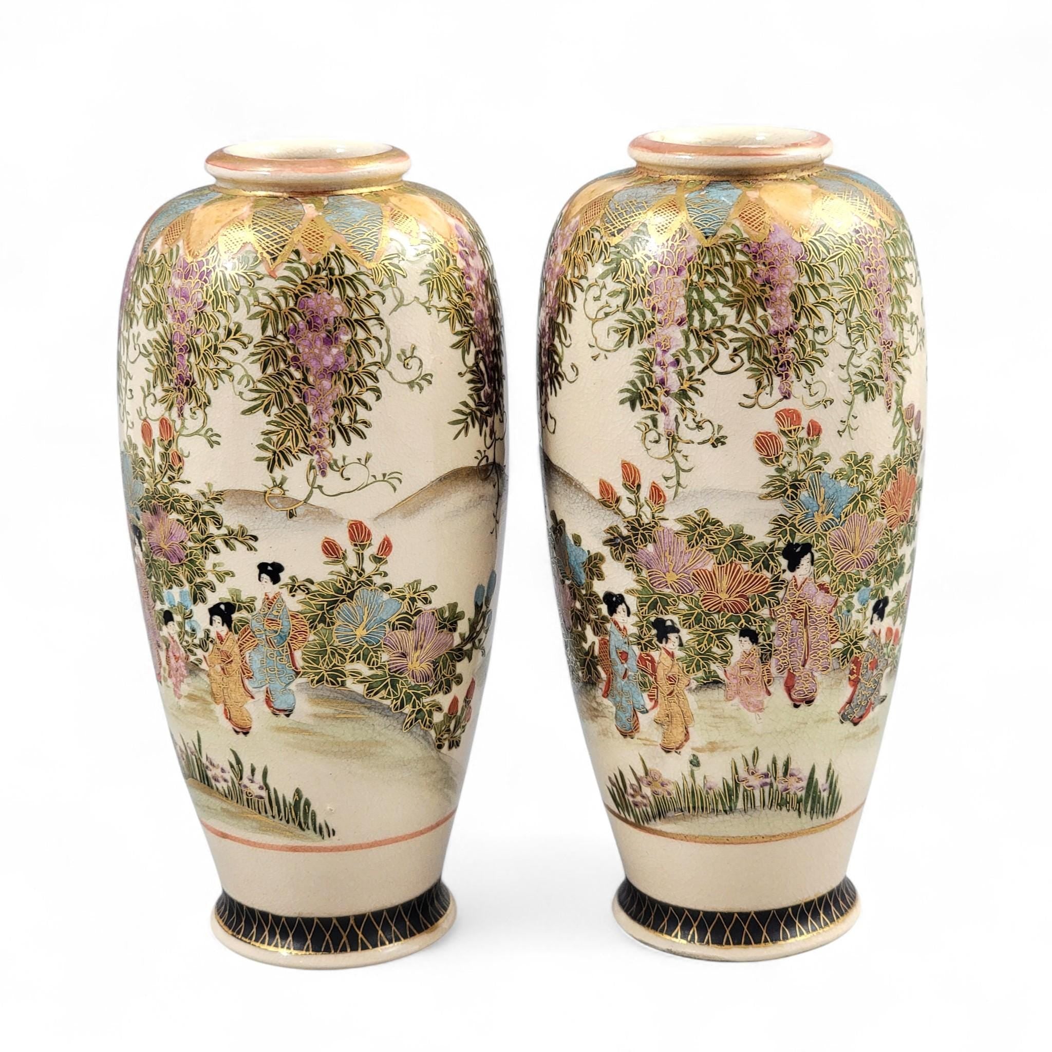 Pair of Kyoto Satsuma ‘Wisteria Garden’ Vases, Hakusan (白山), c. 1890–1915