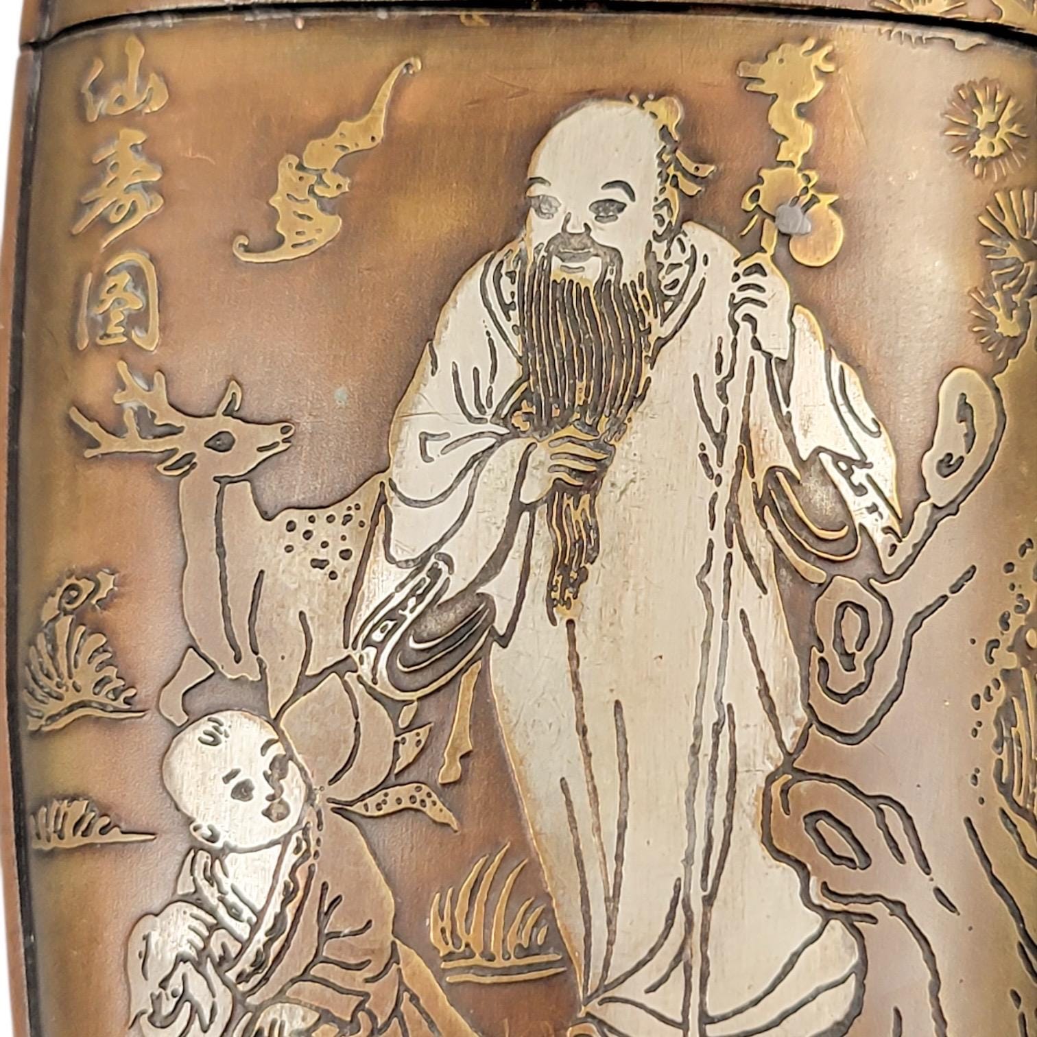 Meiji Japanese Mixed-Metal Tobacco Case (Tonkotsu), Signed Rensai Kōchū, c. 1880–1910