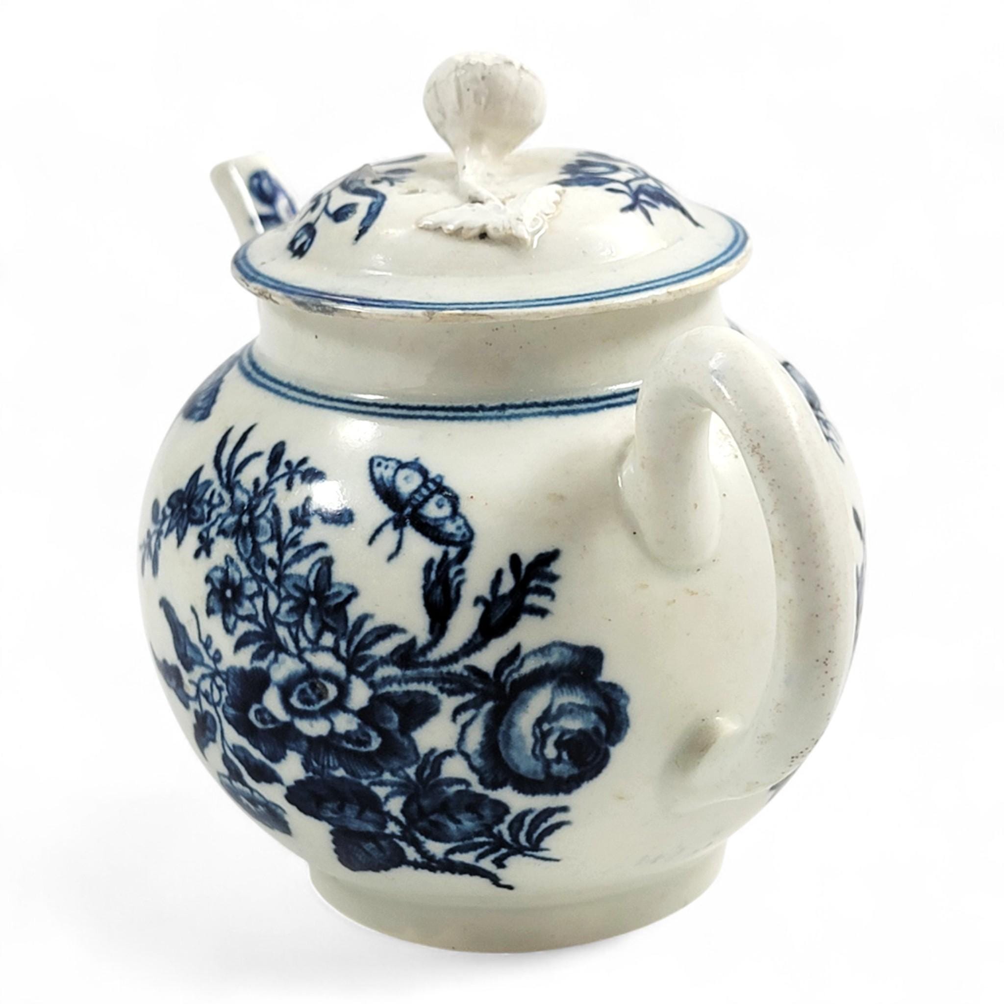 First Period Worcester Porcelain Teapot, Fence Pattern, c.1760, Blue Crescent Mark