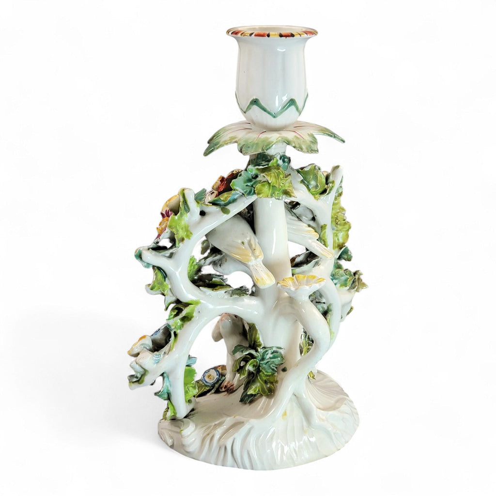 Georgian Derby Porcelain Candlestick “Dog and Birds”, c.1760