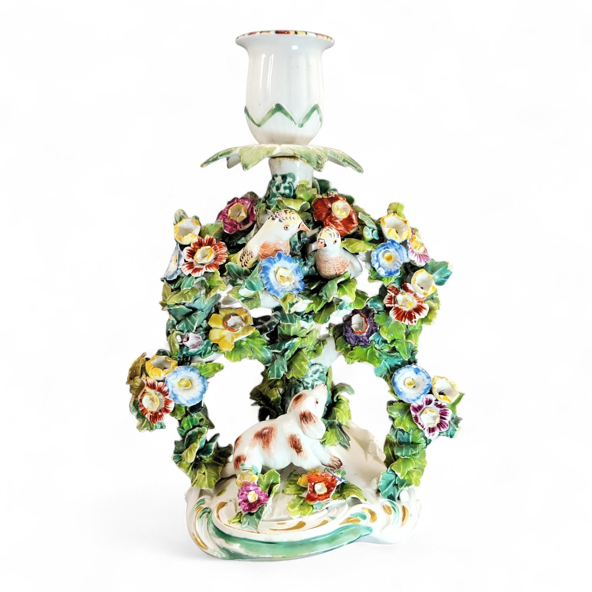Georgian Derby Porcelain Candlestick “Dog and Birds”, c.1760