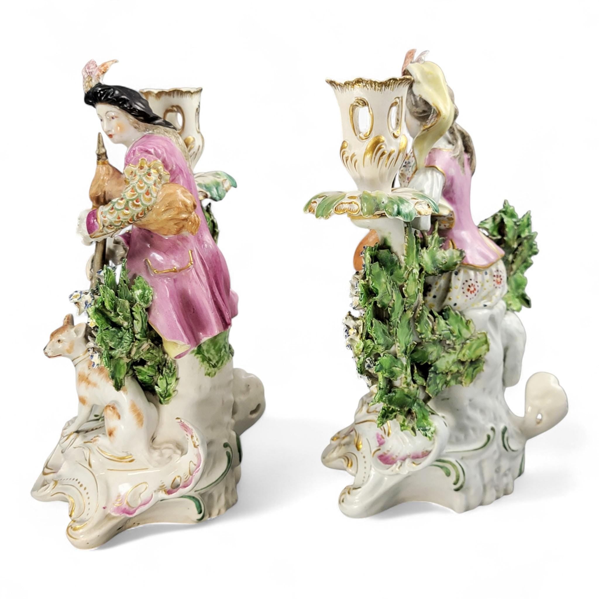 Rare Georgian Derby candlestick pair “Mandolin & Bagpipe Players”, c.1760