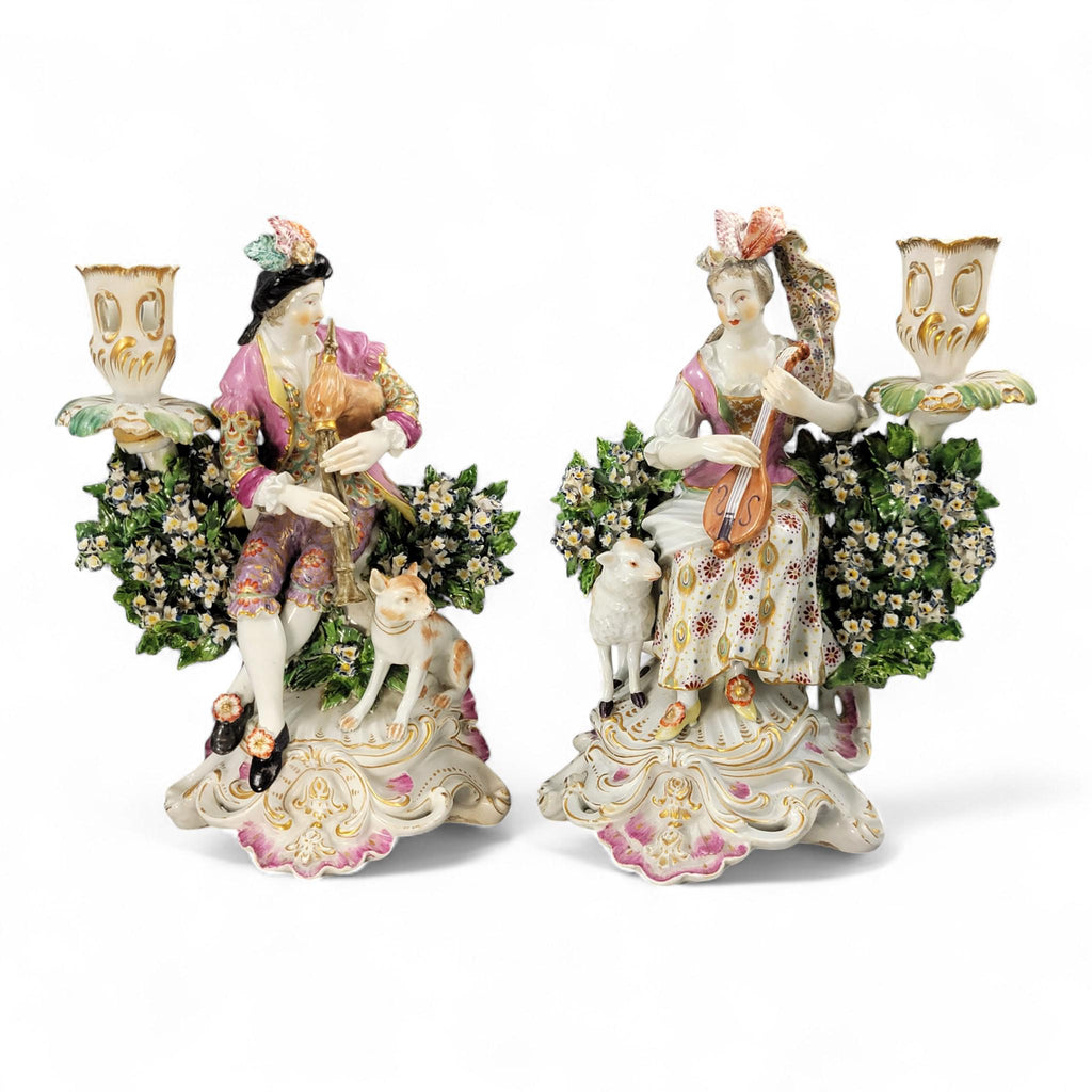 Rare Georgian Derby candlestick pair “Mandolin & Bagpipe Players”, c.1760