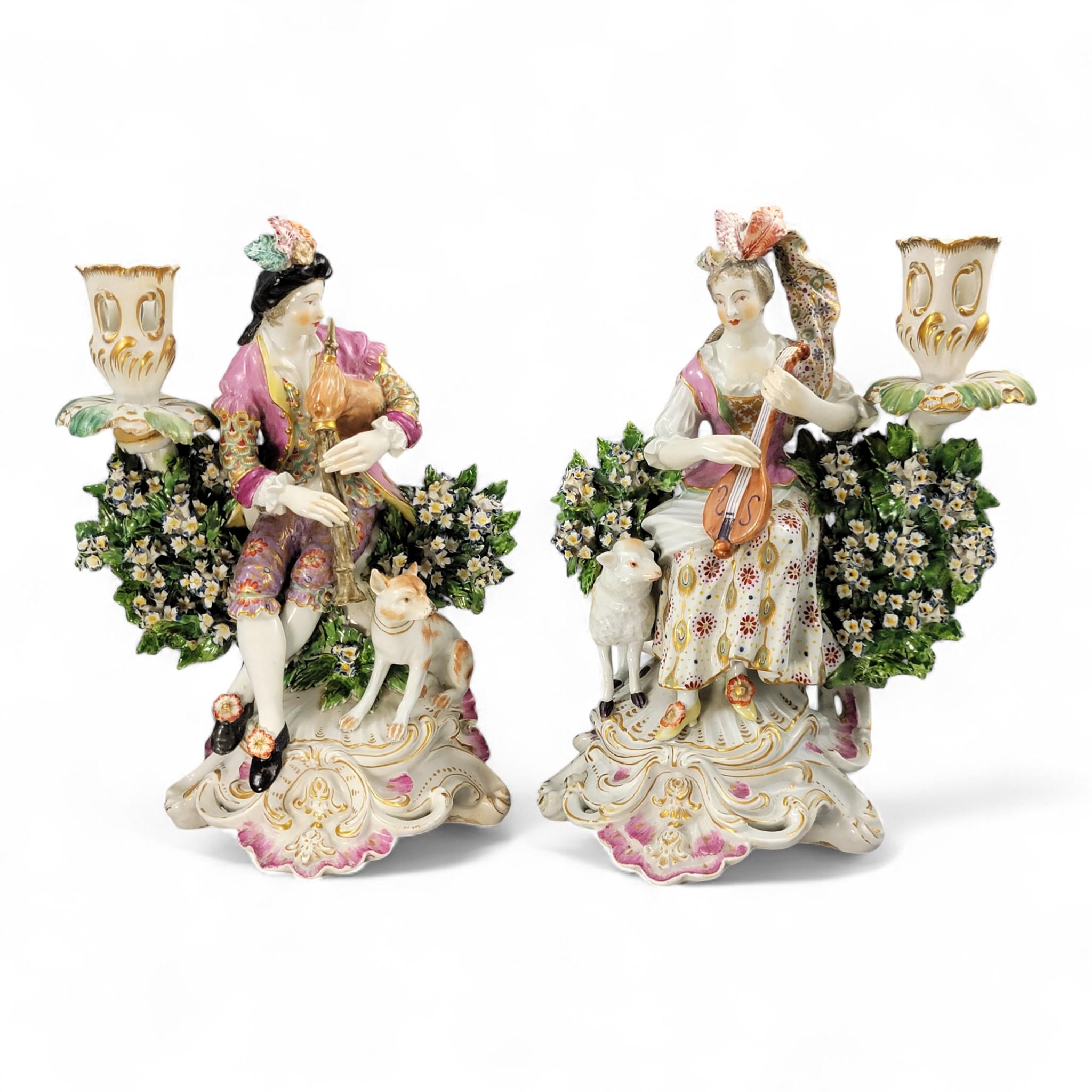 Rare Georgian Derby candlestick pair “Mandolin & Bagpipe Players”, c.1760