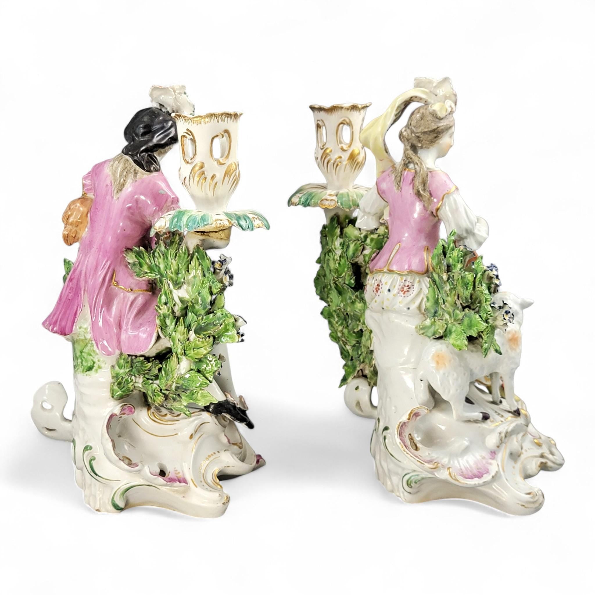 Rare Georgian Derby candlestick pair “Mandolin & Bagpipe Players”, c.1760