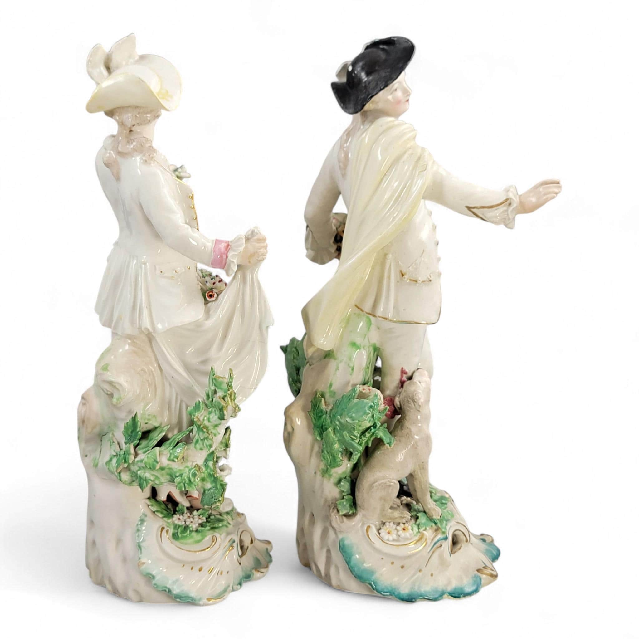 Rare Derby porcelain figures “Dresden Shepherds” c.1760 – William Duesbury, 18th century English rococo pair with lamb and dog